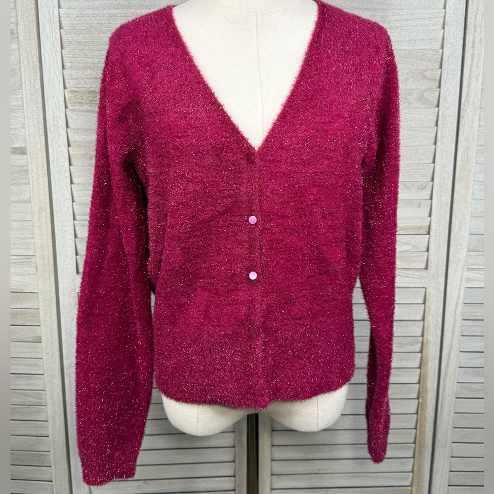 OLD NAVY Cranberry Metallic Fuzzy Cardigan Sweater-Medium (Tall)